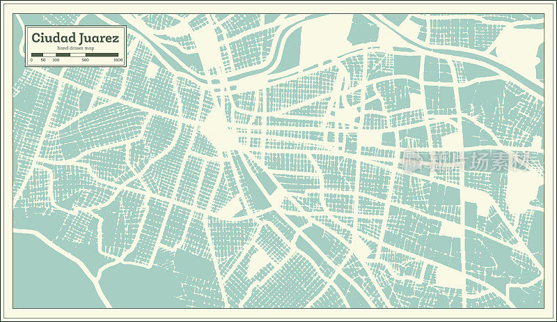 Ciudad Juarez墨西哥城地图复古风格。略图。
